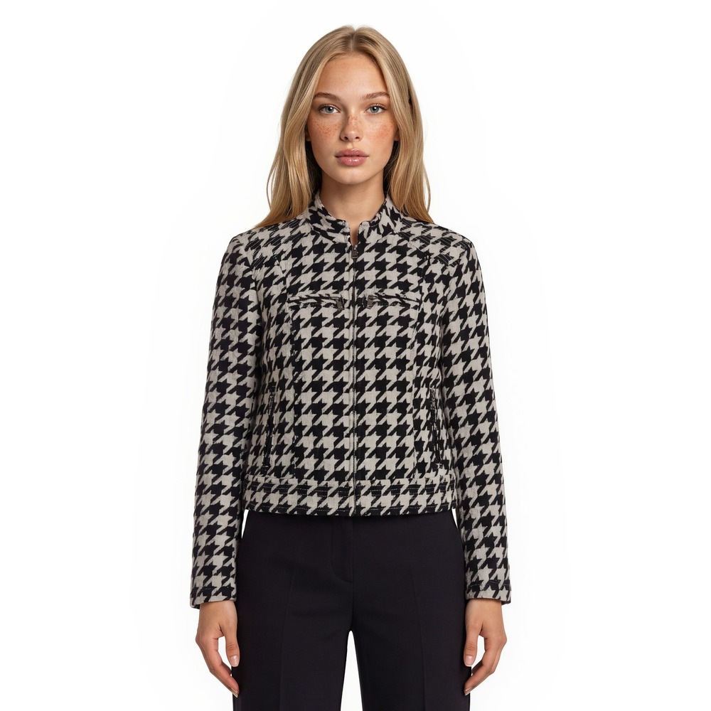 Chico's Houndstooth Jacket Women's Size Medium Black White Zip Vintage Blazer